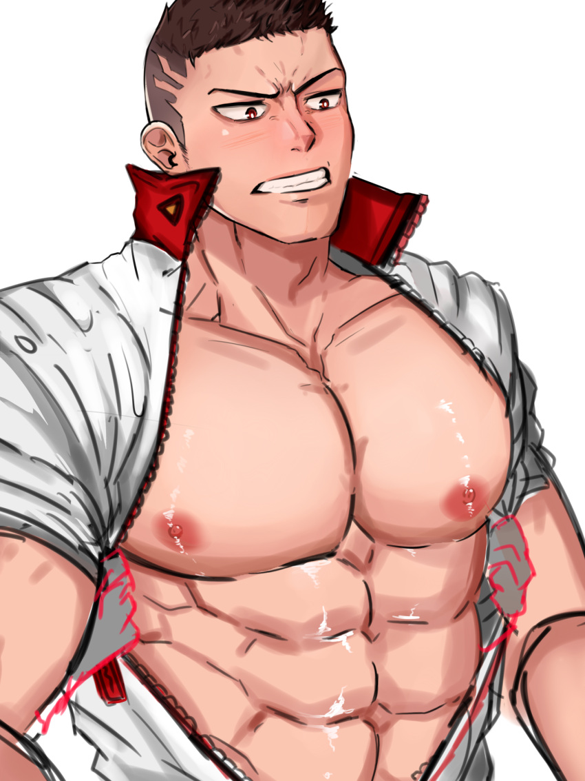 1boy 1male abs brown_hair changfuk chest male male_chest male_only man_boobs muscle muscular_male nipples red_eyes soccer_spirits solo_male taehoon_(soccer_spirits)