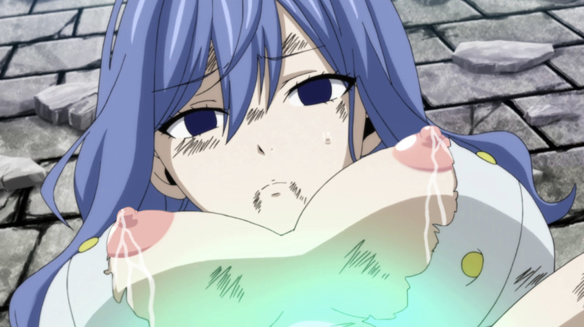 1girls breast_milk breast_mounds breasts breasts_before_face defeated edit exposed_breasts exposed_nipples face_beyond_breasts fairy_tail female female_only huge_breasts injury juvia_lockser lactation large_breasts milk_trail nipple_slip nipples nude_filter screenshot_edit shounen_jump solo solo_female suiter torn_clothes