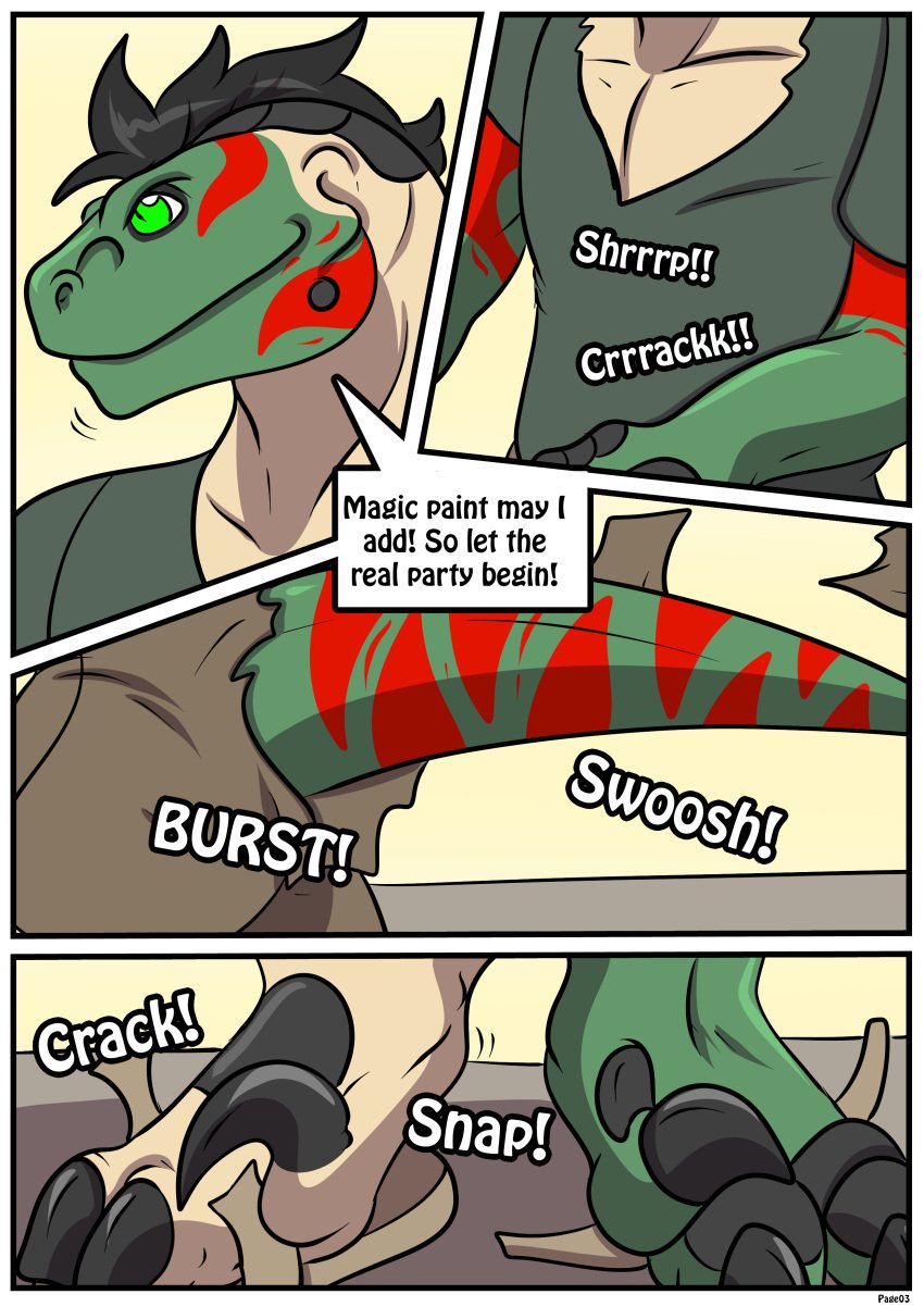 absurd_res birthday bodypaint comic_page dinosaur english_text face_paint hi_res mid_transformation page_3 page_number party reptile rex_equinox scalie solo species_transformation text transformation transformation_sequence