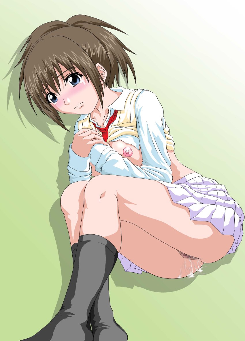 blue_eyes blush breasts brown_hair censored high_resolution nipples scared wet