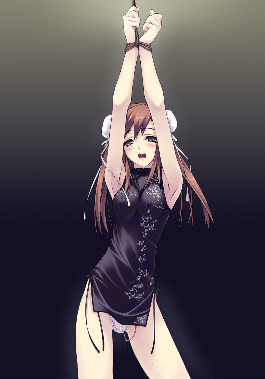 1girls armpits arms_up blush bondage bound_wrists brown_hair bun_cover china_dress chinadress chinese_clothes chinese_dress clothed_masturbation clothing discreet_vibrator double_bun dress erect_nipples f-ism fundoshi green_eyes highres long_hair masturbation murakami_suigun open_mouth original panties pantyshot pussy_juice restrained short_dress solo underwear vibrator vibrator_under_panties white_panties