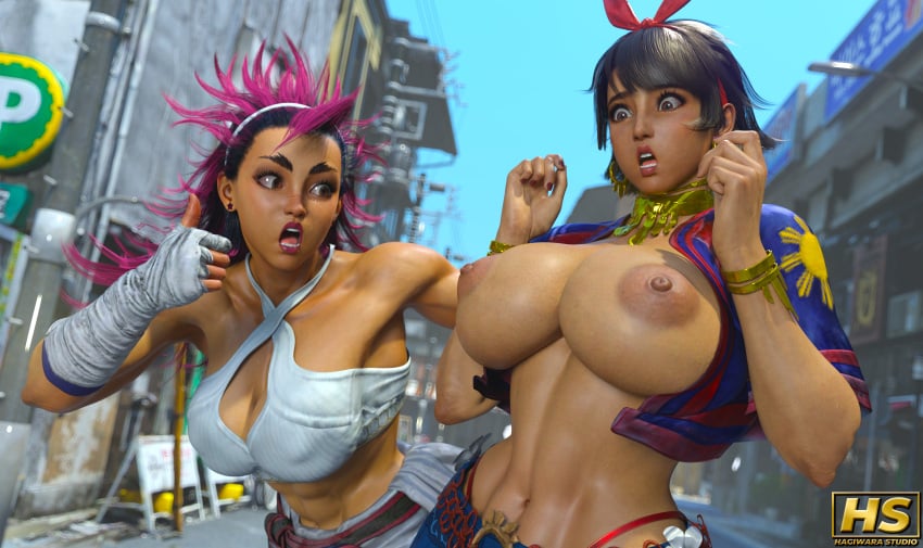 2girls 3d abs big_breasts breasts brown_hair brown_skin brown_skinned_female busty capcom crossover female female_focus female_only hagiwara_studio headwear hourglass_figure josie_rizal long_hair muscles muscular muscular_female namco navel short_hair street_fighter street_fighter_6 tagme tekken tekken_7 two-tone_hair wide_hips yasmine_(street_fighter)