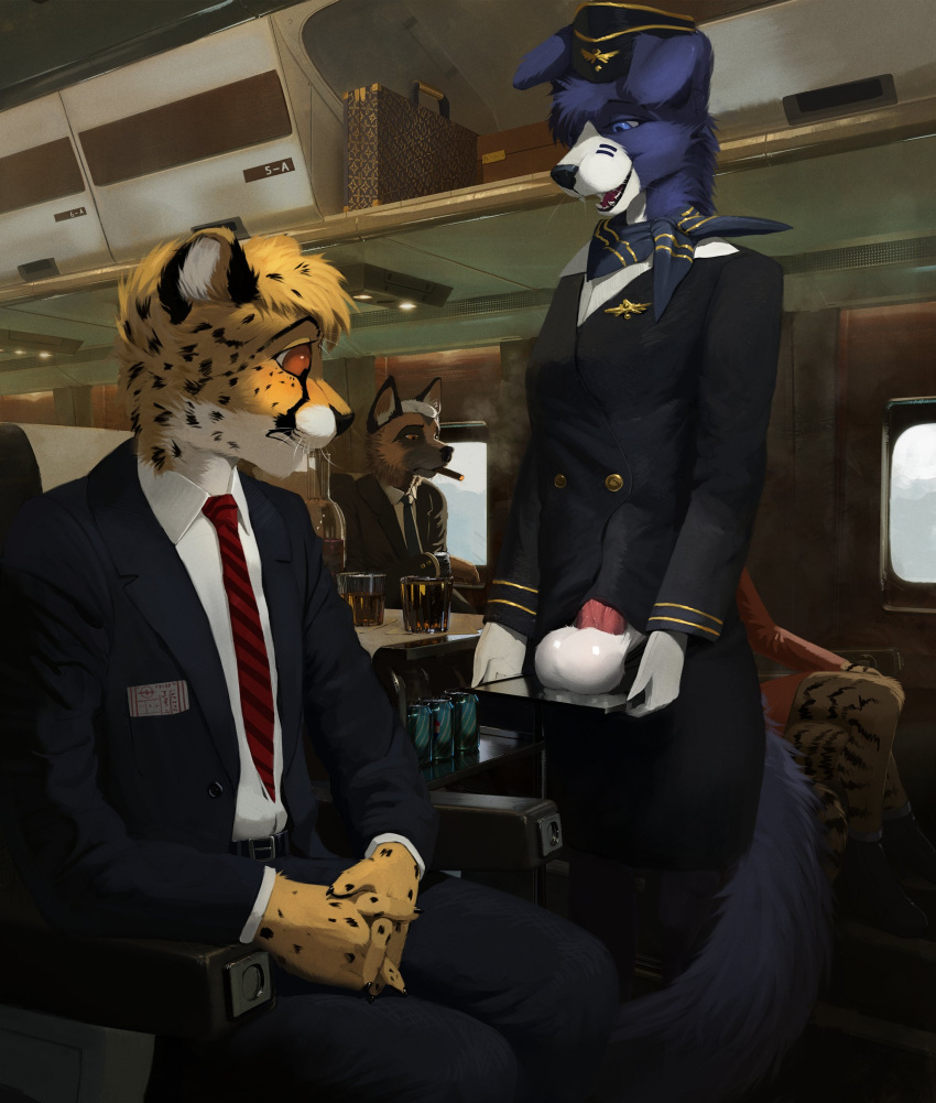 2021 absurd_res aircraft airplane anthro balls beverage biped blue_body blue_eyes blue_fur brown_body brown_fur canid canine cheetah cigar clothed clothing detailed_background duo_focus erection exhibitionism felid feline flight_attendant fur genitals group gynomorph hi_res hiding_erection intersex looking_at_genitalia looking_at_penis male male_only mammal necktie open_mouth penis presenting_balls public public_nudity sitting smile standing suit tenzing unprofessional_behavior whiskers