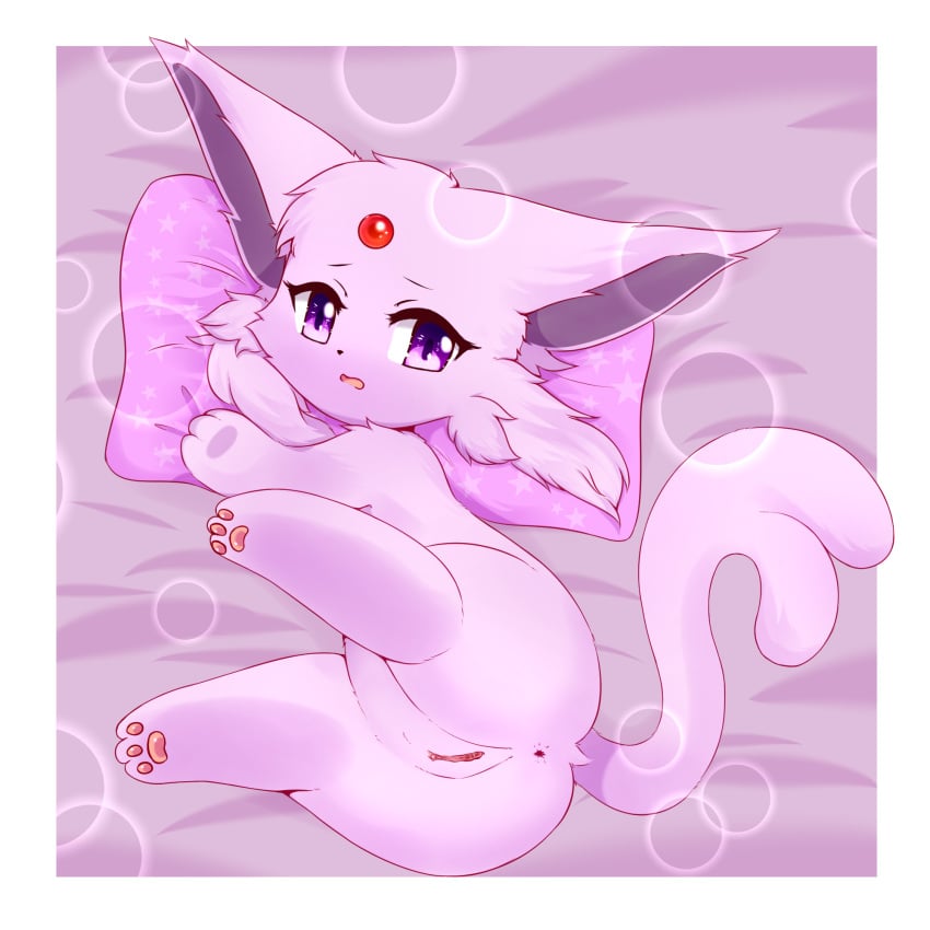 1:1 2021 3_toes anus ass bodily_fluids digital_media_(artwork) eeveelution espeon feet female feral forked_tail fur furry furry_only genital_fluids genitals hi_res humanoid_genitalia humanoid_pussy kryztar looking_at_viewer naked nintendo nude pawpads paws pillow pokémon_(species) pokemon purple_body purple_eyes purple_fur pussy pussy_juice quadruped shaded solo tail toes unusual_anatomy unusual_tail video_games