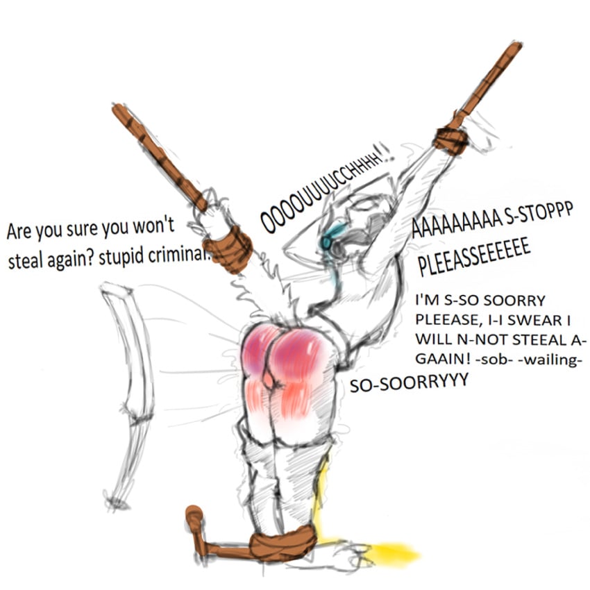 1:1 absurd_res anthro arms_tied ass bodily_fluids bound crying domestic_cat english_text felid feline felis frustrated_robbery genital_fluids hi_res legs_tied male mammal pain peeing red_butt robbery sadism screaming solo spank_marks spanked_butt spanking tears text trapodraws urine wetting