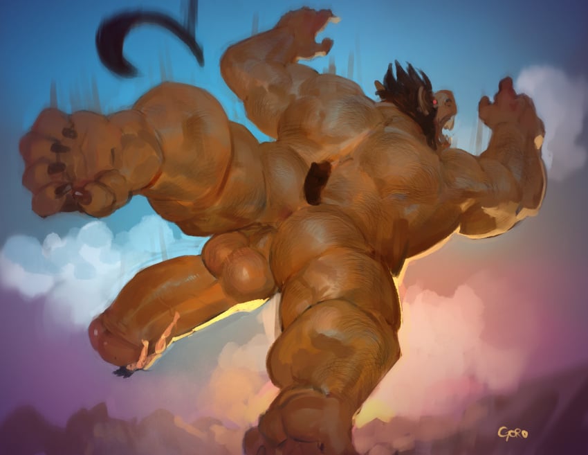 2boys absurd_res anthro brown_body brown_fur dragon_ball dragon_ball_z duo falling fur gay genitals goroguro hi_res human macro male male_only mammal mid_transformation missing_tail nude oozaru penis primate red_eyes size_difference tail_removed yaoi