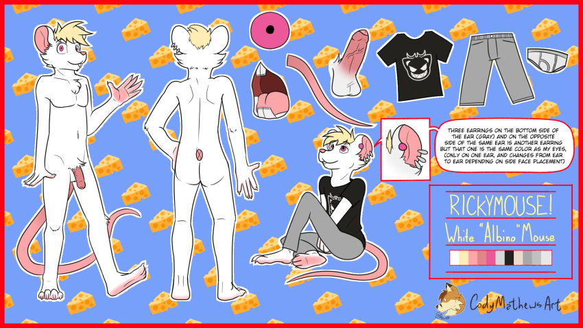 16:9 albino anthro balls border cheese clothed clothing codymathews dairy_products digital_media_(artwork) ear_piercing erection food fur genitals hair hi_res humanoid_genitalia male mammal model_sheet mouse murid murine nude open_mouth penis piercing red_border red_eyes rickymouse rodent scratch21 simple_background slim smile white_body white_fur white_mouse widescreen