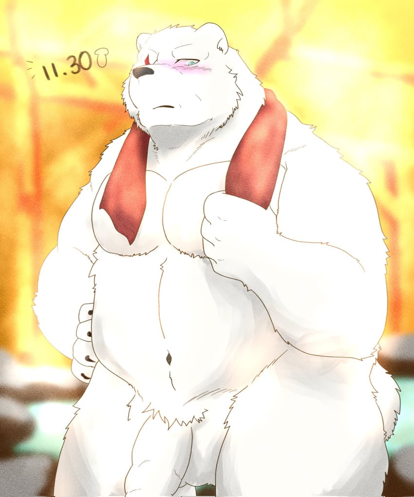 2021 anthro balls black_nose blush crushfang_(sdorica_sunset) flaccid fur genitals hi_res humanoid_genitalia humanoid_hands humanoid_penis kemono male male_only mammal moobs naku469m navel overweight overweight_male penis polar_bear scar sdorica sdorica_sunset sole_male solo towel towel_around_neck ursid ursine white_body white_fur