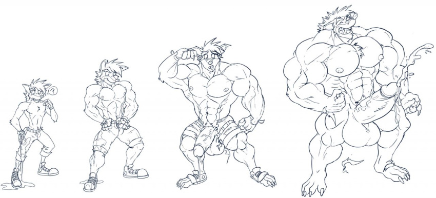 1boy ? activision anthro arody balls bandicoot bara big_balls big_muscles big_penis black_and_white bodily_fluids body_size_growth clothing crash_(series) crash_bandicoot cum expansion genital_expansion genital_fluids genitals growth male male_only mammal marsupial monochrome muscle_growth muscular nipples no_color orgasm penis penis_expansion sequence size_transformation solo torn_clothing transformation video_games