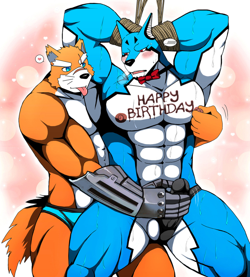 2020 abs anthro anthro_only bearlovestiger13 biceps blue_body blue_eyes blue_fur blush bodily_fluids bondage bound bow_tie bulge canid canine canis clothed clothing digital_media_(artwork) doggie_kruger domestic_dog duo english_text erection erection_under_clothing eye_contact fur gay genital_outline hands_behind_head hands_tied happy_birthday hi_res looking_at_another male male/male male_only mammal masato masturbation mechanical_arm muscular muscular_anthro muscular_male nipple_fetish nipple_pinch nipple_play nipples open_mouth orange_body orange_fur pecs penile penile_masturbation penis_outline pinch power_rangers red_eyes restraints rope rope_bondage scar super_sentai text tokusou_sentai_dekaranger tongue tongue_out underwear whiskers white_body white_fur wolf