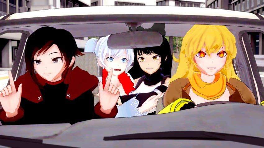 4girls blake_belladonna driving fire_in_eyes not_porn perfect_idiot ruby_rose rwby scared scared_female sfw team_rwby truck vibing weiss_schnee yang_xiao_long