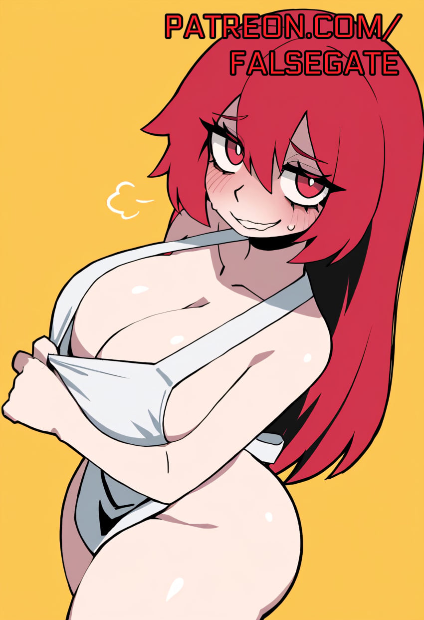 1girls absurd_res ai_generated almost_naked almost_nude apron blush blush_lines bottomless breasts cleavage clothes_pull dutch_angle falsegate from_above highres kasane_teto large_breasts leviteto_(synthesizer_v) long_hair lustful_gaze mv_character paid_reward_available patreon patreon_username pulled_by_self red_eyes red_hair self_upload smile solid_color_background solo stable_diffusion synthesizer_v thick_thighs thighs tugging_clothing uncensored white_apron wide_hips yellow_background