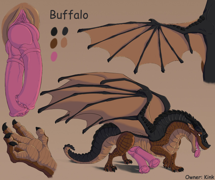 big_penis breath brokenscales brown_body buffalo_(kink) close-up diphallia diphallism dragon feral genitals hi_res male model_sheet mudwing_(wof) multi_genitalia multi_penis panting penis pink_penis presenting presenting_penis slit smile solo spread_wings thick_tail wings wings_of_fire