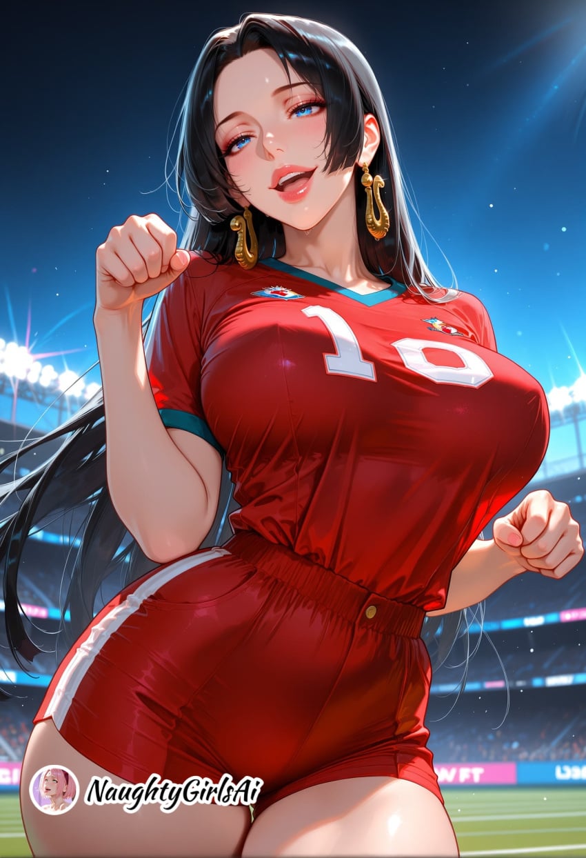 1girl ai_generated big_breasts black_hair blue_eyes blush boa_hancock breasts earrings jewelry large_breasts long_hair looking_at_viewer mature_female milf naughtygirlsai one_piece open_mouth shirt short_sleeves shorts smile soccer soccer_uniform solo sportswear teeth thighs