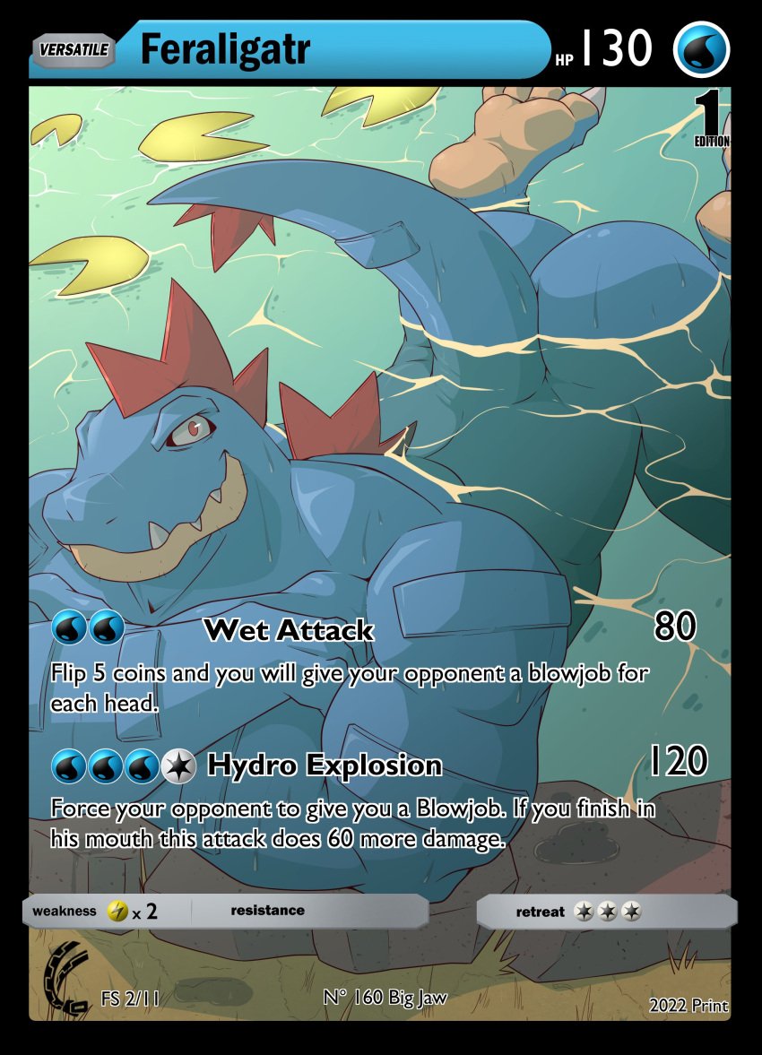 absurd_res anthro anthrofied ass blue_body blue_scales card_game claws crocodilian english_text fangs feraligatr game_card gaming hi_res male male_only muscular muscular_anthro muscular_male nintendo partially_submerged pokémon_(species) pokemon pokemon_card reptile scales scalie solo swimming text video_games zipperhyena