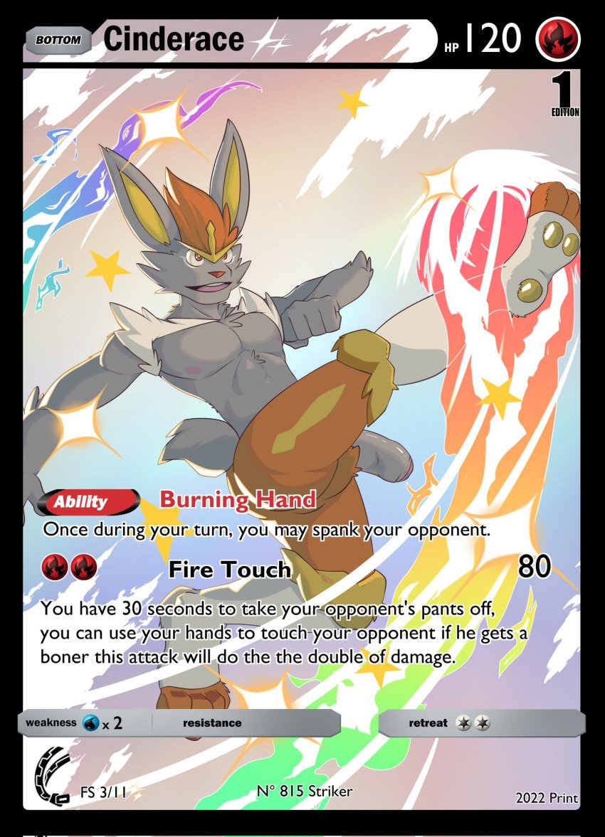 anthro balls card_game cinderace elemental_manipulation english_text fire fire_manipulation flaccid game_card gaming genitals hi_res kick male male_focus male_only male_solo nintendo nipples pecs penis pokémon_(species) pokemon pokemon_card solo solo_male text video_games zipperhyena