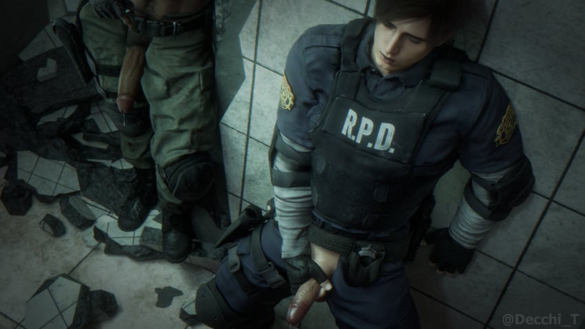 3d 3d_(artwork) big_penis blender carlos_oliveira clothed decchi_t distracted eyes_closed gay gay_sex leon_scott_kennedy male_only masturbation moaning mouth_open penis_through_fly resident_evil resident_evil_2_remake resident_evil_3_remake watching