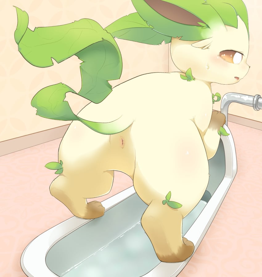 3sthrees ambiguous_gender anus bathroom blush bodily_fluids eeveelution featureless_crotch feral hi_res leafeon nintendo pokemon pokemon_(species) rear_view solo squat_toilet sweat sweatdrop toilet toilet_use video_games