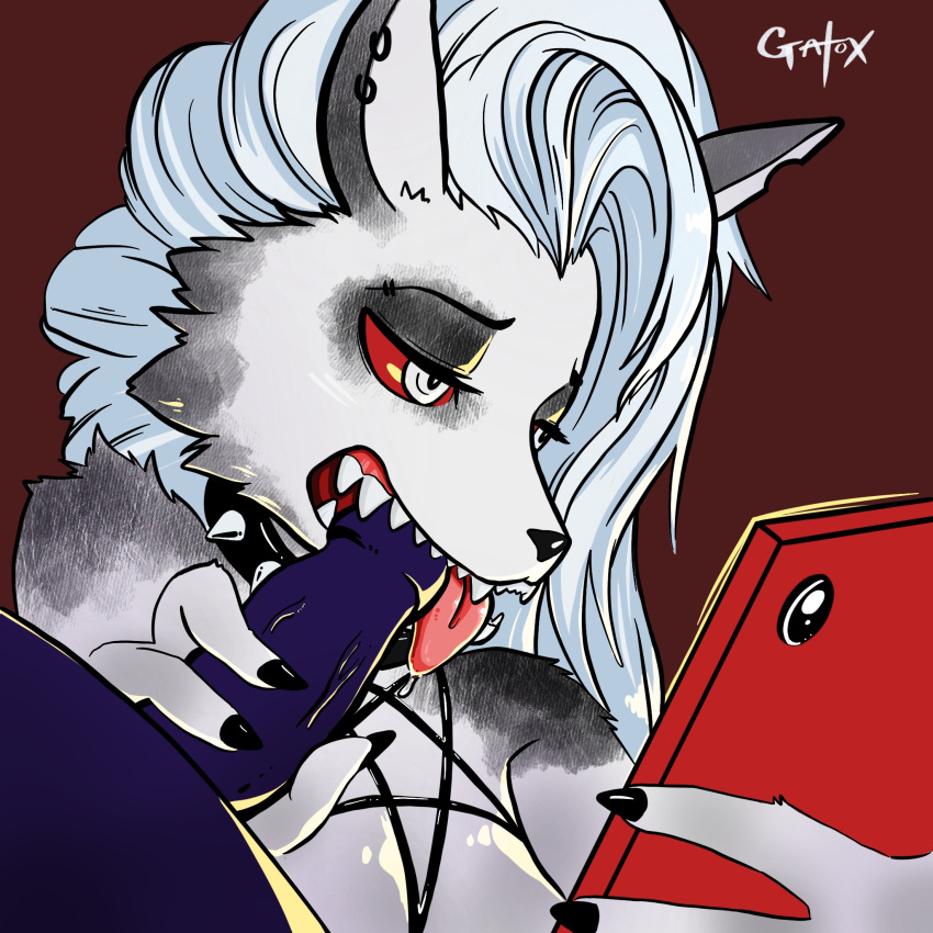 1:1 anthro bodily_fluids bored bored_sex canid canid_demon cellphone collar demon disinterested disinterested_sex distracted distracted_sex duo ear_piercing ear_ring emotionless emotionless_sex erection fangs fellatio female female_focus fingernails fur gatox_(artist) genitals grey_body grey_fur hair handjob harness hellhound helluva_boss hi_res long_fingernails looking_at_object looking_at_phone loona_(helluva_boss) male mammal nails oral penile penis pentagram pentagram_harness phone piercing red_sclera saliva saliva_on_tongue sex simple_background smartphone solo_focus spiked_collar spikes tongue tongue_out unamused unamused_sex unenthusiastic unenthusiastic_sex vein veiny_penis white_eyes white_hair