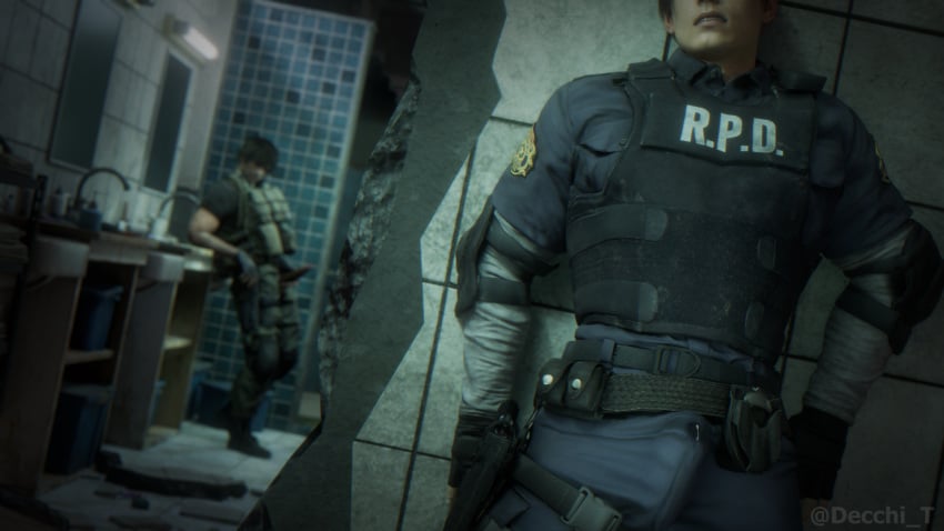 3d 3d_(artwork) blender boner bulge bulge_through_clothing carlos_oliveira decchi_t erection gay gay_sex hard_on leon_scott_kennedy male_only precum_through_clothing resident_evil resident_evil_2_remake resident_evil_3_remake spying