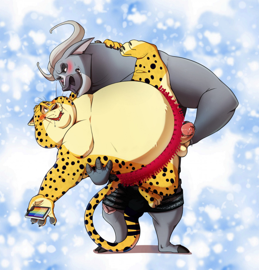 anthro balls benjamin_clawhauser bovid bovine cheetah chief_bogo clothing disney duo felid feline genitals handjob hi_res humanoid_genitalia humanoid_penis male male/male mammal overweight overweight_male penis penis_through_leghole poking_out seyrmo true_buffalo water_buffalo yaoi zootopia