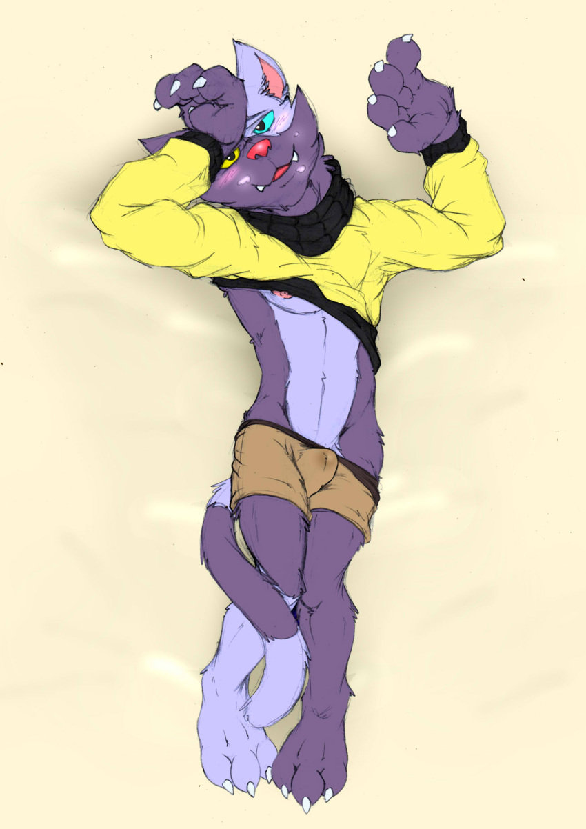 2021 anthro biped blush bulge clothing cute_fangs dakimakura_design domestic_cat felid feline felis hi_res hopelesshighschool humanoid_hands lars_(the_human_heart) lying male male_only mammal purple_body solo the_human_heart_(game) underwear video_games visual_novel