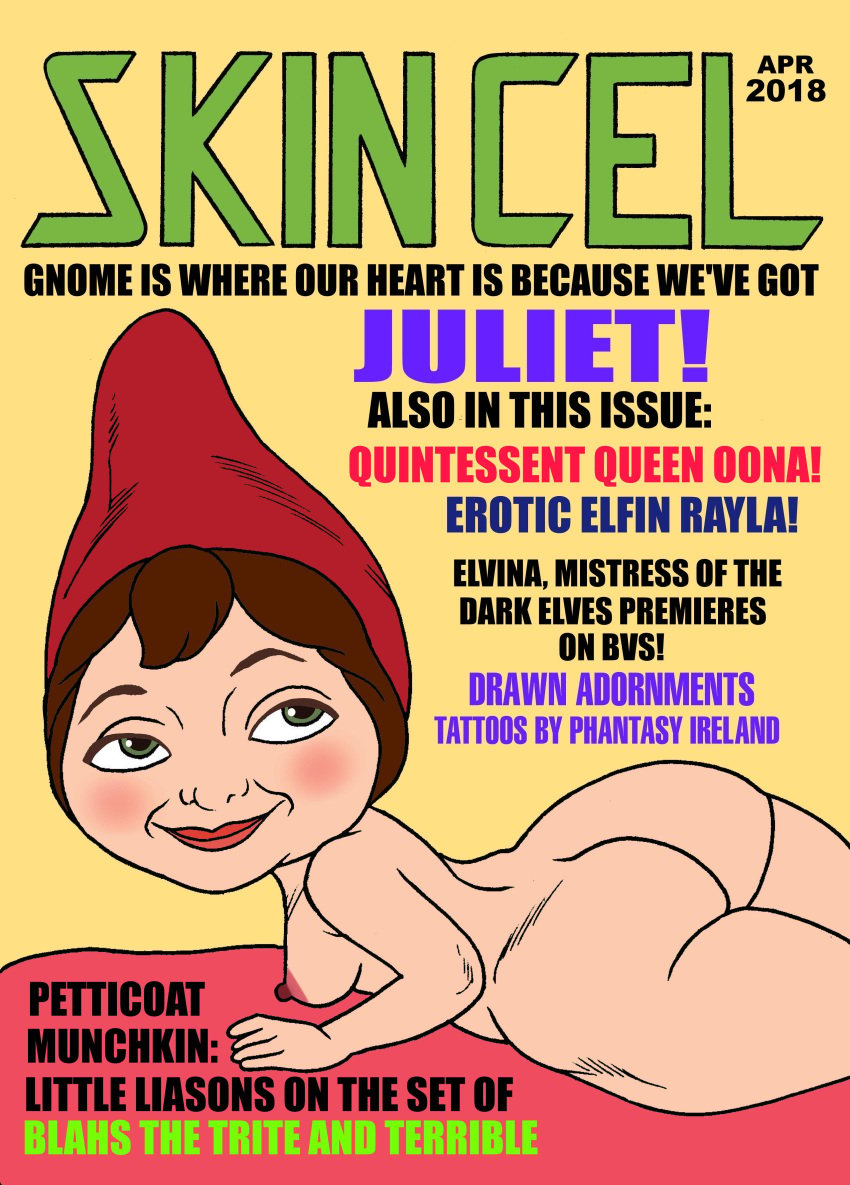 1girls 2018 ass blush bottom_heavy brown_hair english_text fake_cover fake_magazine_cover female gnome gnomeo_and_juliet green_eyes hat headgear_only juliet_(gnomeo_and_juliet) large_breasts lawn_gnome legs_together nude nude_female pointy_hat red_headwear short_hair shortstack small_breasts smile solo toonytease