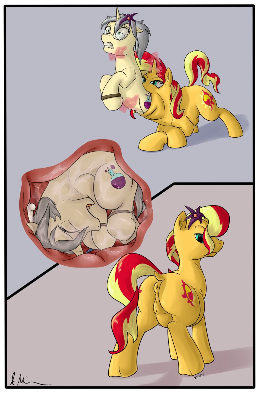 anus bone border bound death digestion doesnotexist equestria_girls equid equine female female_pred female_prey feral feral_pred feral_prey friendship_is_magic genitals glasses grey_hair hasbro highres horn internal legs_tied looking_back magic mammal mercury_shine my_little_pony neck_bulge open_mouth oral_vore organs pussy same_size_vore stomach stomach_bulge sunset_shimmer unicorn vore weight_gain white_border