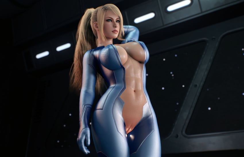 1girls 3d big_breasts blonde_hair breasts cleavage female metroid nintendo pussy samus_aran solo tagme_(artist)