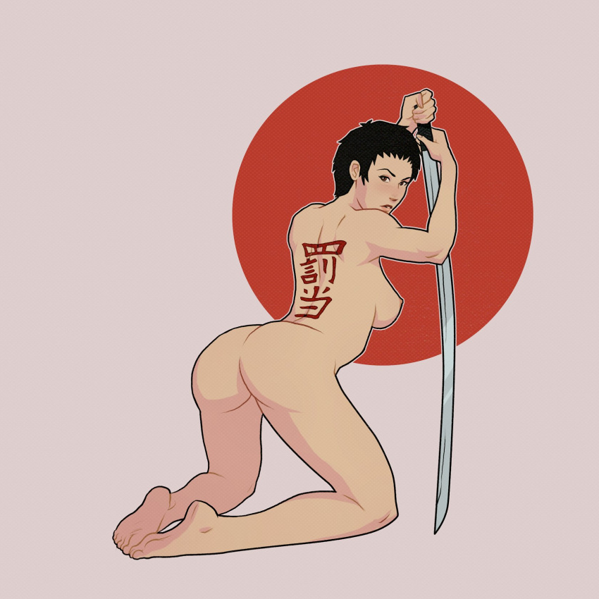 1girls ass black_hair breasts from_behind japanese katana looking_at_viewer looking_back medium_breasts nipple nipples nude numitor short_hair simple_background soles solo sword tattoo very_short_hair