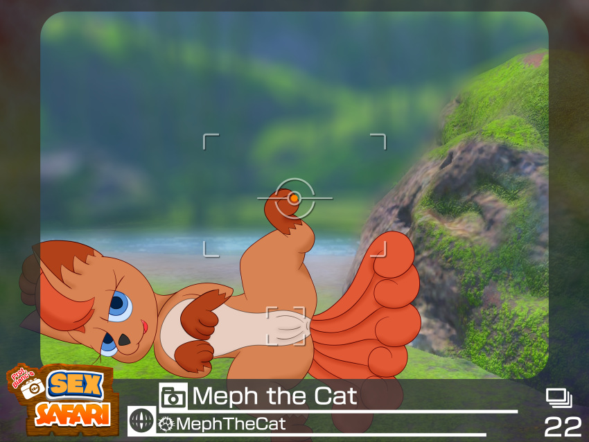 4:3 absurd_res anus blue_eyes canid canine female feral fox front_view fur genitals grass hi_res looking_at_viewer mammal meph_the_cat_(artist) moss multi_tail nature nintendo open_mouth outside photo picture_frame plant pokemon pokemon_(species) pokemon_snap presenting presenting_pussy pussy red_body red_fur rock solo spread_legs spreading text video_games vulpix water