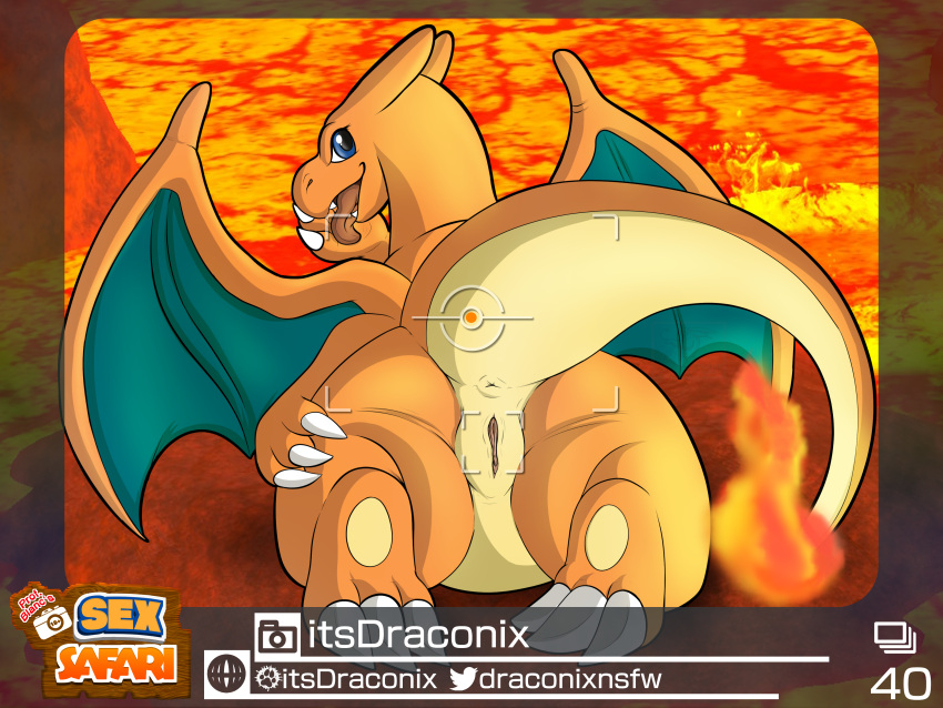 absurd_res anus ass blue_eyes charizard claws conditional_dnp english_text female feral fire genitals hand_lick hand_on_leg hi_res horn itsdraconix lava licking looking_at_viewer looking_back lying nature nintendo on_front orange_body orange_skin outside paws photo photo_background pokémon_(species) pokémon_snap pokemon pokemon_(species) presenting presenting_hindquarters presenting_pussy pussy raised_tail rear_view rock solo text tongue tongue_out video_games watermark wings