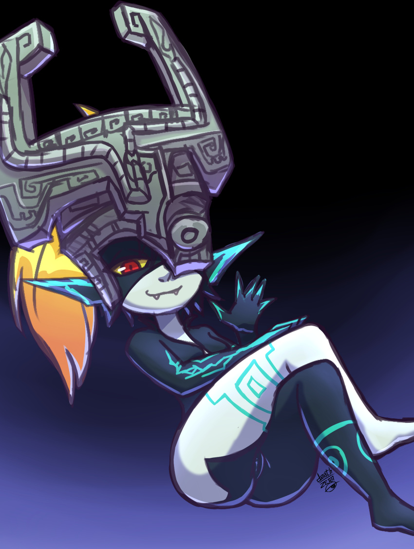 crossed_legs cute_fangs deathzera female genitals gradient_background hi_res humanoid humanoid_pointy_ears looking_at_viewer midna nintendo nude one_eye_obstructed pussy simple_background solo the_legend_of_zelda twilight_princess video_games