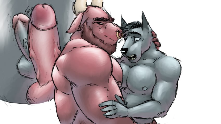 2021 5_fingers anthro anthro_on_anthro balls beard biceps big_penis biped black_hair black_nose bovid bovid_horn bovine brown_beard brown_hair canid canine canis circumcised cutaway digital_drawing_(artwork) digital_media_(artwork) duo embrace erection european_mythology eyebrows facial_hair facial_piercing fingers frottage fur genitals glans greek_mythology grey_body grey_fur hair horn hug humanoid_genitalia humanoid_penis male male/male male_on_anthro mammal minotaur muscular muscular_anthro muscular_male mythology nipples nose_piercing nose_ring open_mouth pecs penis penis_size_difference piercing red_body red_fur sex shocked simonsbathtub simple_background teeth vein veiny_penis wolf