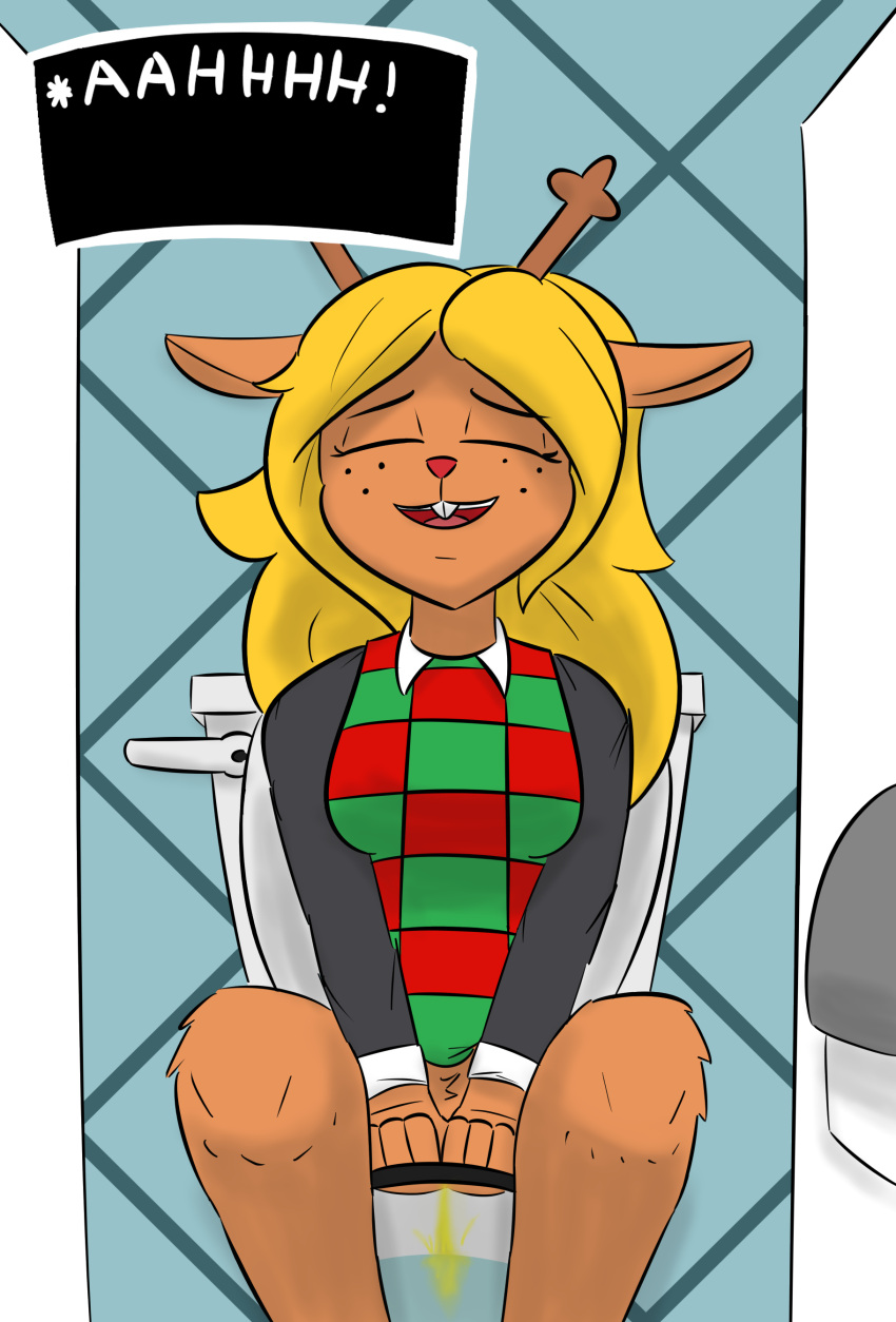 absurd_res anthro antlers bathroom blonde_hair bodily_fluids capreoline cervid christmas christmas_clothing christmas_sweater christmas_topwear clothed clothing deltarune digital_media_(artwork) english_text female freckles genital_fluids hair hi_res holidays horn mammal noelle_holiday notmypornaccount open_mouth panties peeing reindeer relieved sitting smile solo sweater teeth text text_box toilet toilet_paper toilet_use topwear undertale_(series) underwear urine urine_stream video_games watersports