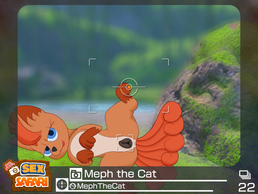 4:3 absurd_res anatomically_correct anatomically_correct_genitalia anatomically_correct_pussy animal_genitalia animal_pussy anus blue_eyes canid canine canine_pussy female feral fox front_view fur genitals grass hi_res looking_at_viewer mammal meph_the_cat_(artist) moss multi_tail nature nintendo open_mouth outside photo picture_frame plant pokemon pokemon_(species) pokemon_snap presenting presenting_pussy pussy red_body red_fur rock solo spread_legs spreading text video_games vulpix water