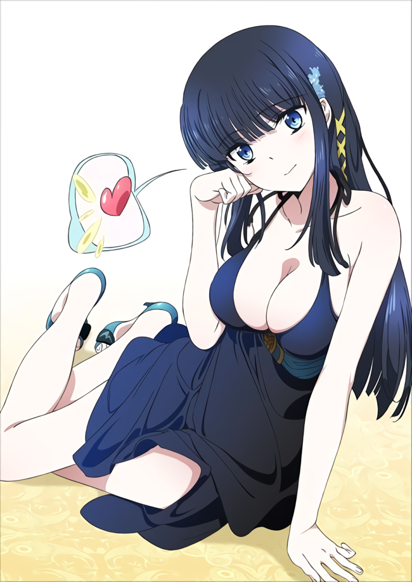 big_breasts blue_eyes blue_hair breast_hole dark_hair dress embarrassed hand_on_head heart heel_boots heels high_thighs inner_sideboob light-skinned_female light_skin long_dress long_hair loose_hair mahouka_koukou_no_rettousei neckline official_art shiba_miyuki shoes shoulders sideboob sitting_on_floor smile smiling snowflake_hair_ornament thick_thighs thin_arms thin_legs white_body white_skin widescreen