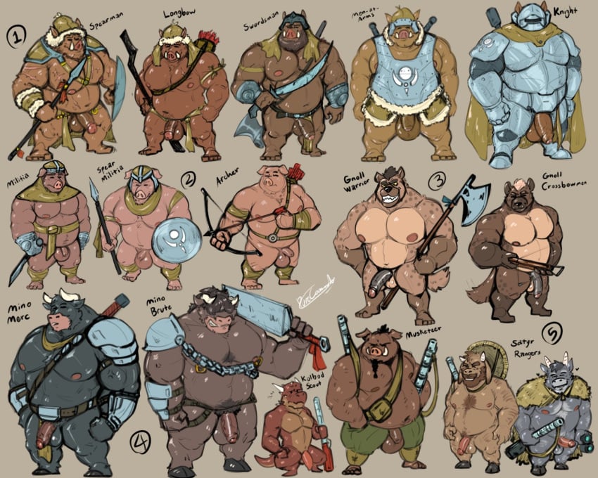 2021 5:4 anthro armor balls beard belly black_body bovid bovine brown_body clothing domestic_pig english_text european_mythology facial_hair flaccid genitals gnoll greek_mythology group hat headgear headwear helmet hi_res horn humanoid_genitalia humanoid_hands humanoid_penis hyaenid male male_only mammal minotaur moobs musclegut mythology nipples overweight overweight_male penis plate_armor pure_command suid suina sus_(pig) text weapon wild_boar