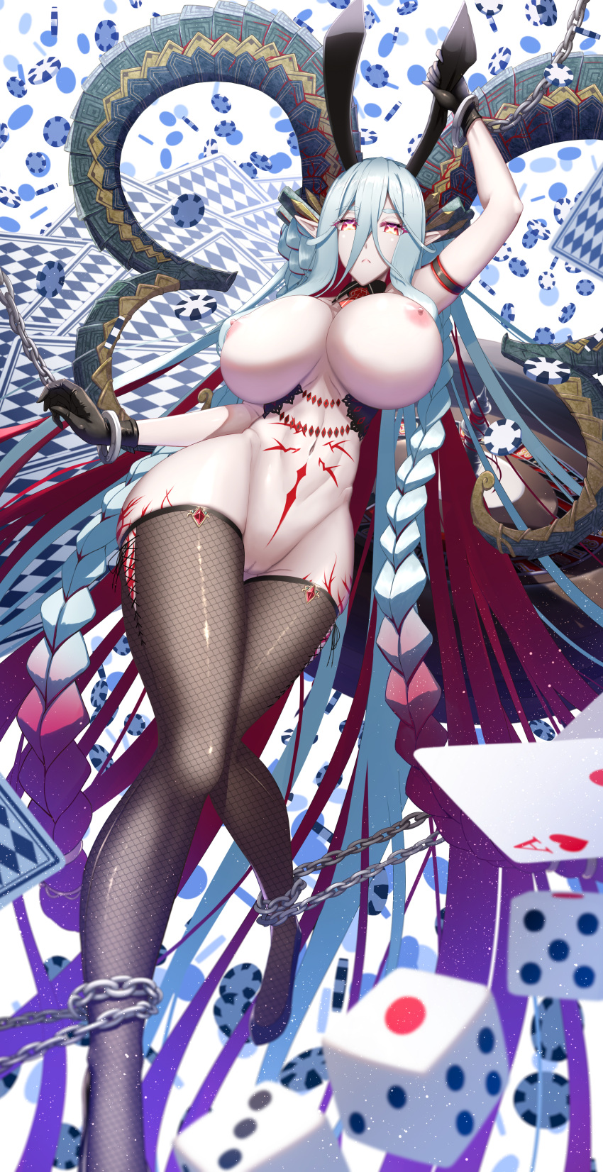 absurd_res animal_humanoid areola armband asian_mythology babylonian_mythology big_breasts blue_hair braided_hair breasts card chained chains collar deity dice digital_media_(artwork) embrace fake_ears fake_rabbit_ears fate_(series) female fishnet genitals hair handcuffs hi_res highlights_(coloring) horn horned_humanoid hug huge_breasts humanoid humanoid_pointy_ears larger_female light_body light_skin mammal mammal_humanoid markings mesopotamian_mythology middle_eastern_mythology mostly_nude mythology navel nipples nude poker_chip pussy red_eyes red_highlights red_markings restraints shackles shiroshisu size_difference solo thick_thighs thigh_gap tiamat_(fate) x_eyes