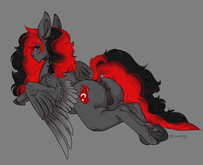 2020 anus ass black_hair burning_shadow_(oc) cutie_mark equid equine fan_character feathered_wings feathers female feral fur genitals grey_background grey_body grey_feathers grey_fur grey_wings hair hasbro hi_res hooves looking_back lying mammal multicolored_hair my_little_pony on_front pegasus pussy quadruped rear_view red_hair simple_background snowberry solo sploot two_tone_hair wings