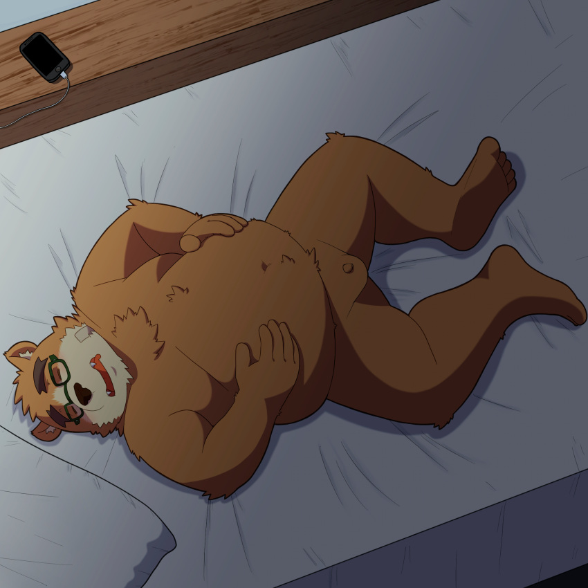 1:1 2021 anthro balls bed belly brown_body brown_fur cellphone closed_eyes edit fur furniture genitals hi_res humanoid_hands kemono lifewonders lying male mammal micropenis overweight overweight_male penis phone pillow sleeping small_penis smartphone solo tokyo_afterschool_summoners uncensored ursid video_games volos yaki_atsuage