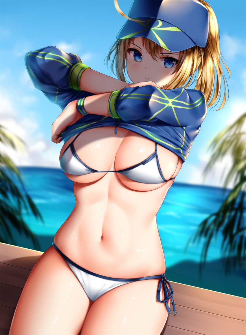 1girls ahoge artoria_pendragon_(fate) baseball_cap bikini blonde_hair blue_eyes blue_headwear blue_jacket blue_sky blurry blurry_background blush breasts cleavage cloud cowboy_shot curvy day fate/grand_order fate_(series) female groin hair_between_eyes hair_through_headwear hat highres jacket jacket_lift large_breasts long_hair long_sleeves looking_at_viewer mysterious_heroine_x_(fate) mysterious_heroine_xx_(fate) mysterious_heroine_xx_(foreigner) navel outdoors palm_tree ponytail scarf shrug_(clothing) side-tie_bikini skindentation sky solo stomach swimsuit thigh_strap tree undressing white_bikini wsman