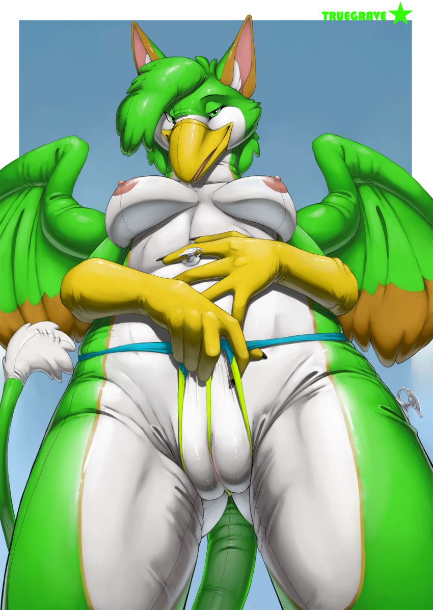 air_valve animate_inanimate anthro avian balls breasts feathered_wings feathers female fur genitals gryphon hawkthorn hi_res inflatable living_inflatable mythological_avian mythology nipples nude pussy smile solo truegrave9 wings