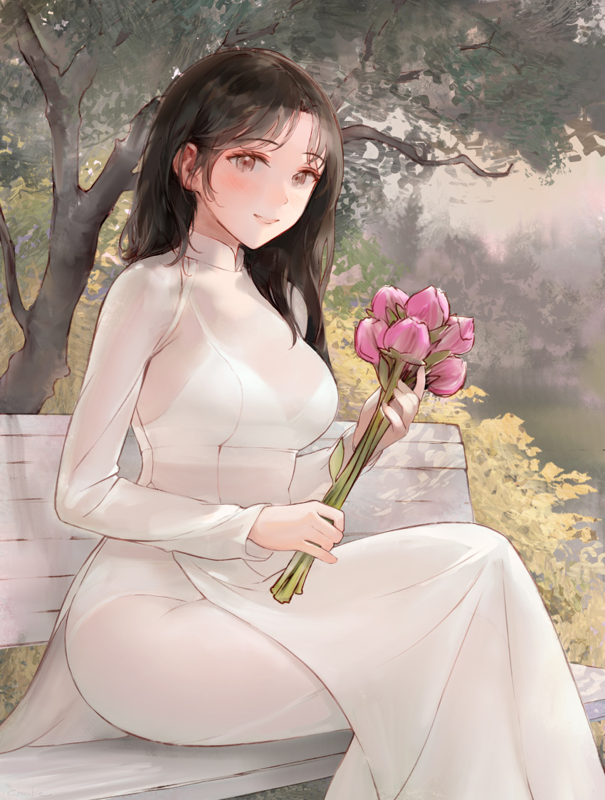 1girls absurdres ao_dai bangs bench big_breasts black_hair black_hair_female bra bra_visible_through_clothes bralines breasts brown_eyes bush chowbie commentary crossed_legs dress eyebrows_visible_through_hair female female_only flower flowers highres holding holding_flower hourglass_figure huge_breast large_breasts legs_crossed light_blush long_hair long_hair_female long_sleeves looking_at_viewer massive_breasts only_female original outdoors outside panties panties_visible_through_clothing pantylines parted_bangs pink_flower pointy_chin see-through sitting sitting_on_bench smile solo thick_thighs thighs tree underwear vietnamese_clothes vietnamese_dress white_bra white_dress white_panties woman