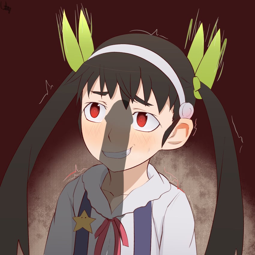 araragi_koyomi clothed hachikuji_mayoi monogatari_(series) penis_shadow smug uzy_(artist) young