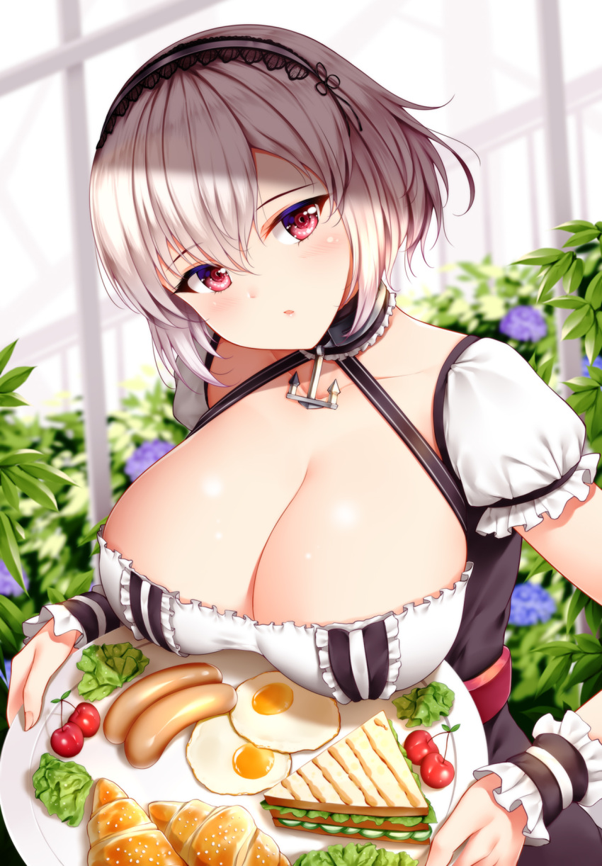 1girls anchor_choker azur_lane bangs big_breasts blush breasts choker cleavage collarbone eyebrows_visible_through_hair female food hair_between_eyes hairband head_tilt highres lace-trimmed_choker lace-trimmed_hairband lace_trim large_breasts looking_at_viewer maid oppai parted_lips puffy_sleeves red_eyes shiny_skin short_hair short_sleeves sidelocks sirius_(azur_lane) solo white_hair wrist_cuffs wsman