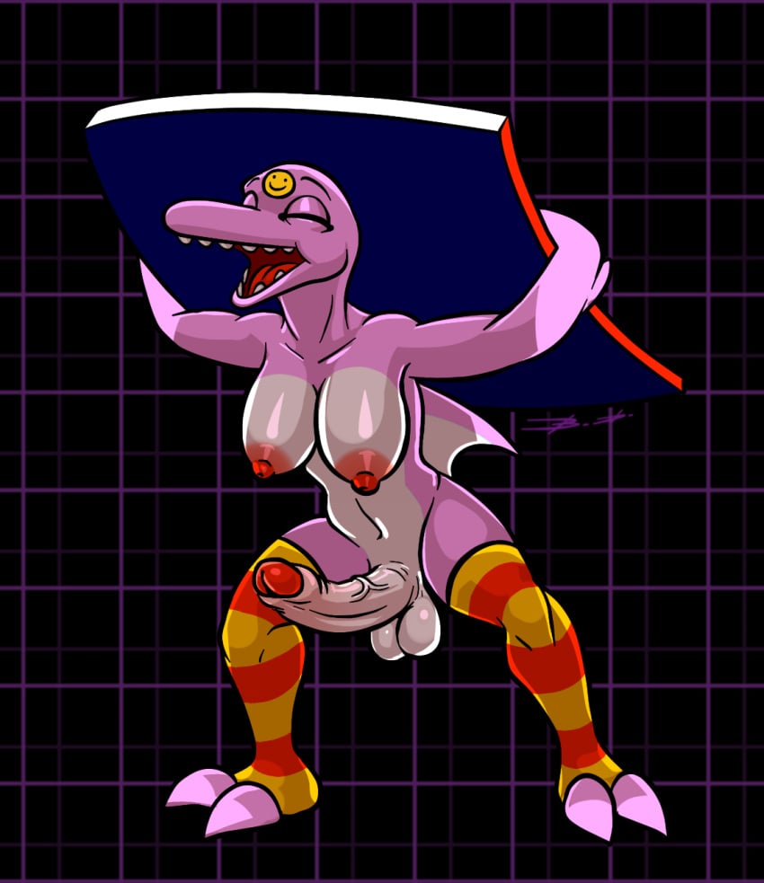 2021 2_toes anthro anthrofied balls bassybefuddle big_breasts big_nipples blue_body breasts closed_eyes clothing deltarune dorsal_fin erection feet fin foreskin futanari genitals glans gynomorph hi_res intersex legwear legwear_only looking_away nipples open_mouth pattern_clothing pattern_legwear penis pink_body pink_scales poppup_(deltarune) red_clothing red_glans red_legwear red_nipples scales scalie smile solo striped_clothing striped_legwear stripes toeless_legwear toes undertale_(series) video_games white_balls white_body white_penis white_scales yellow_clothing yellow_legwear