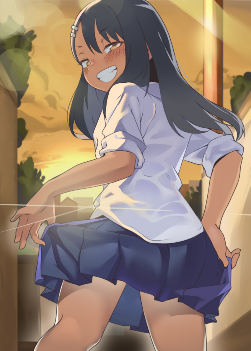 1girls black_hair blush brown_eyes clothed clothing female_focus female_only hayase_nagatoro hi_res long_hair looking_at_viewer looking_back please_don't_bully_me,_nagatoro pose revealing_clothes sakurami_ruruko simple_background skirt skirt_lift smile solo