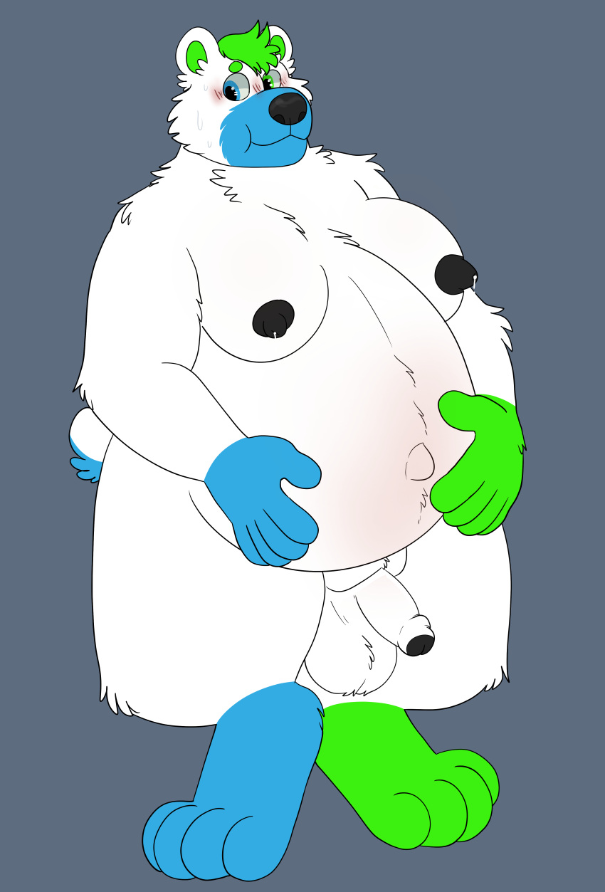 absurd_res anthro balls belly black_tip blush bodily_fluids foreskin genitals hi_res lactating male male_lactation mammal moobs nipples overweight overweight_male penis penis_tip saggy_balls shy solo sstinkies ursid