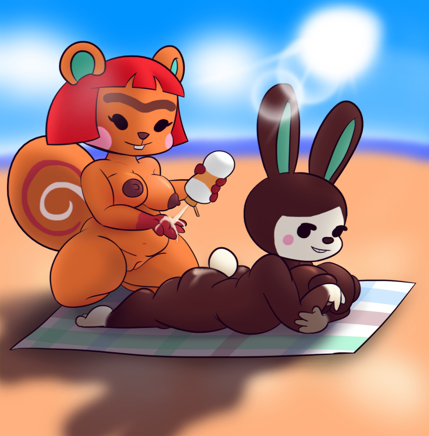 absurd_res animal_crossing anthro beach breasts brown_nipples carmen_(animal_crossing) duo eyebrows female fuzefurry genitals hazel_(animal_crossing) hi_res lagomorph leporid lying mammal nintendo nipples plump pussy rabbit rodent sciurid seaside slightly_chubby tagme tree_squirrel unibrow video_games